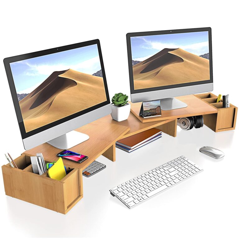 Dual Monitor Stand - Bamboo Computer Laptop Stand with Storage Slot, 3 Shelf Length and Angle Adjustable Desktop Organizer Stand for Computer, Laptop, Printer