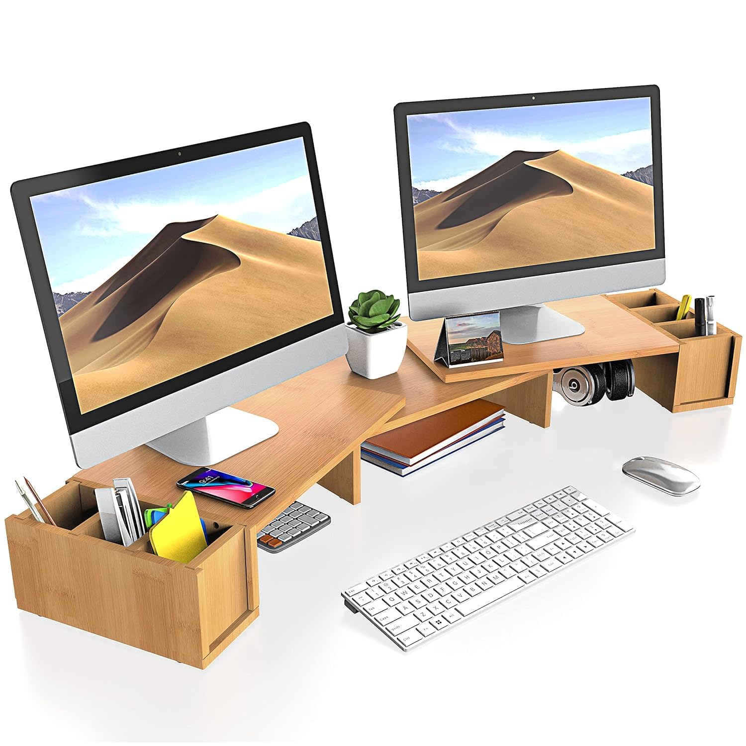 Dual Monitor Stand - Bamboo Computer Laptop Stand with Storage Slot, 3 Shelf Length and Angle Adjustable Desktop Organizer Stand for Computer, Laptop, Printer