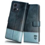 FLIPPED Vegan Leather Flip Case Back Cover for Motorola Moto G84 5G (Flexible, Shock Proof | Hand Stitched Leather Finish | Card Pockets Wallet & Stand | Blue with Aquamarine)
