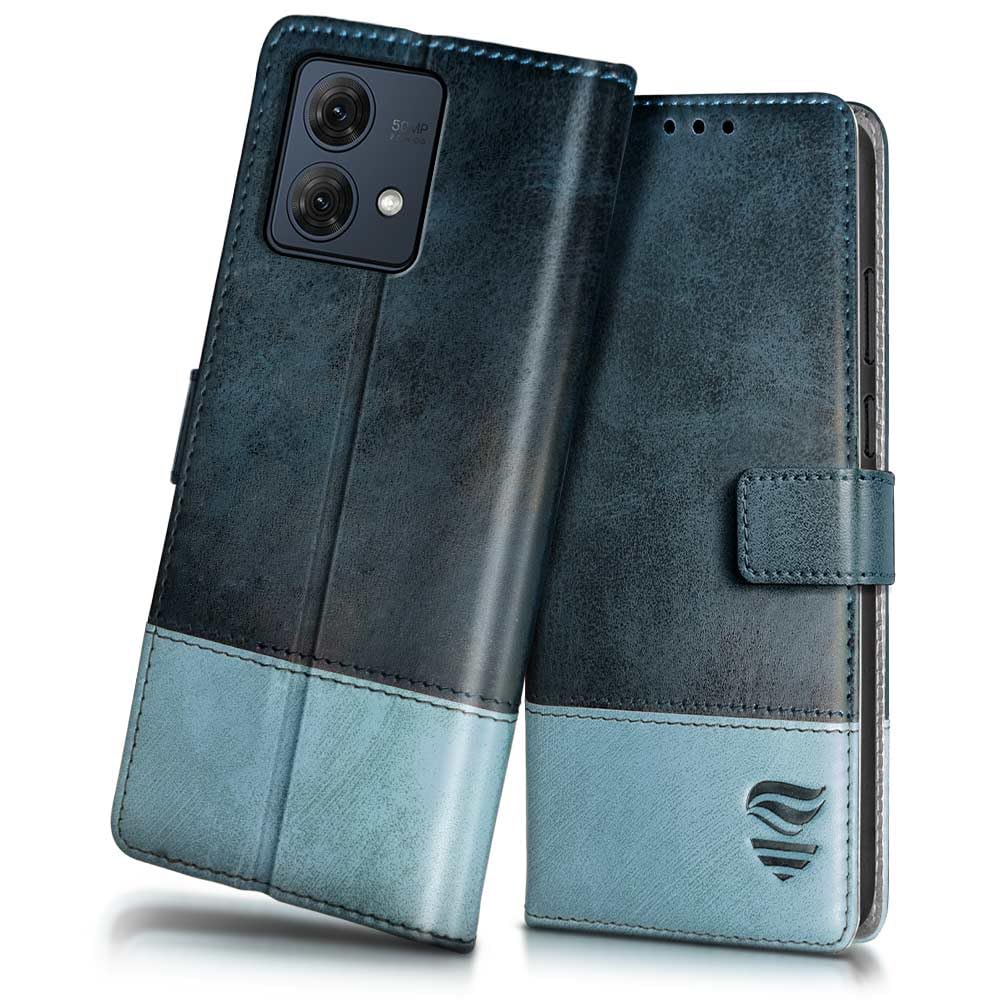 FLIPPED Vegan Leather Flip Case Back Cover for Motorola Moto G84 5G (Flexible, Shock Proof | Hand Stitched Leather Finish | Card Pockets Wallet & Stand | Blue with Aquamarine)