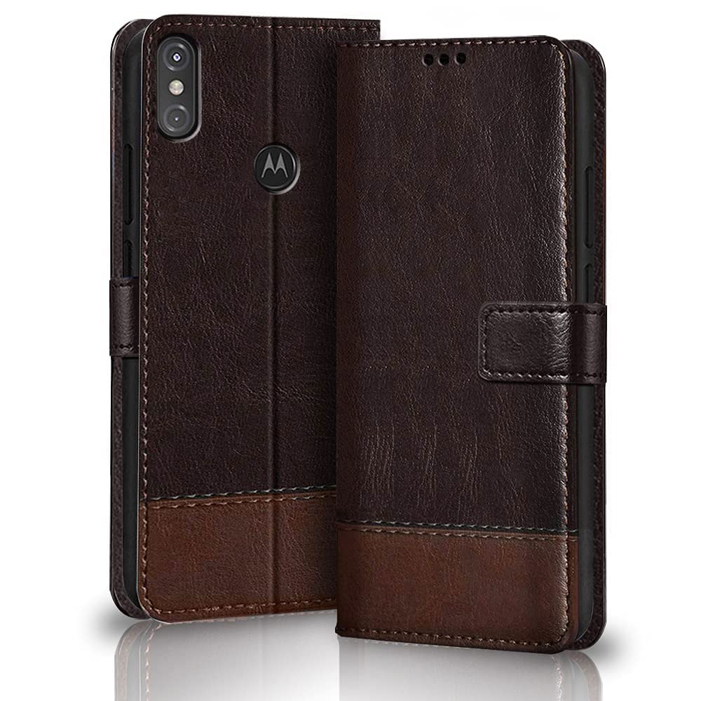 TheGiftKart Flip Back Cover Case for Motorola Moto One Power | Dual-Color Leather Finish | Inbuilt Stand & Pockets | Wallet Style Flip Back Case Cover for Motorola Moto One Power (Coffee & Brown)