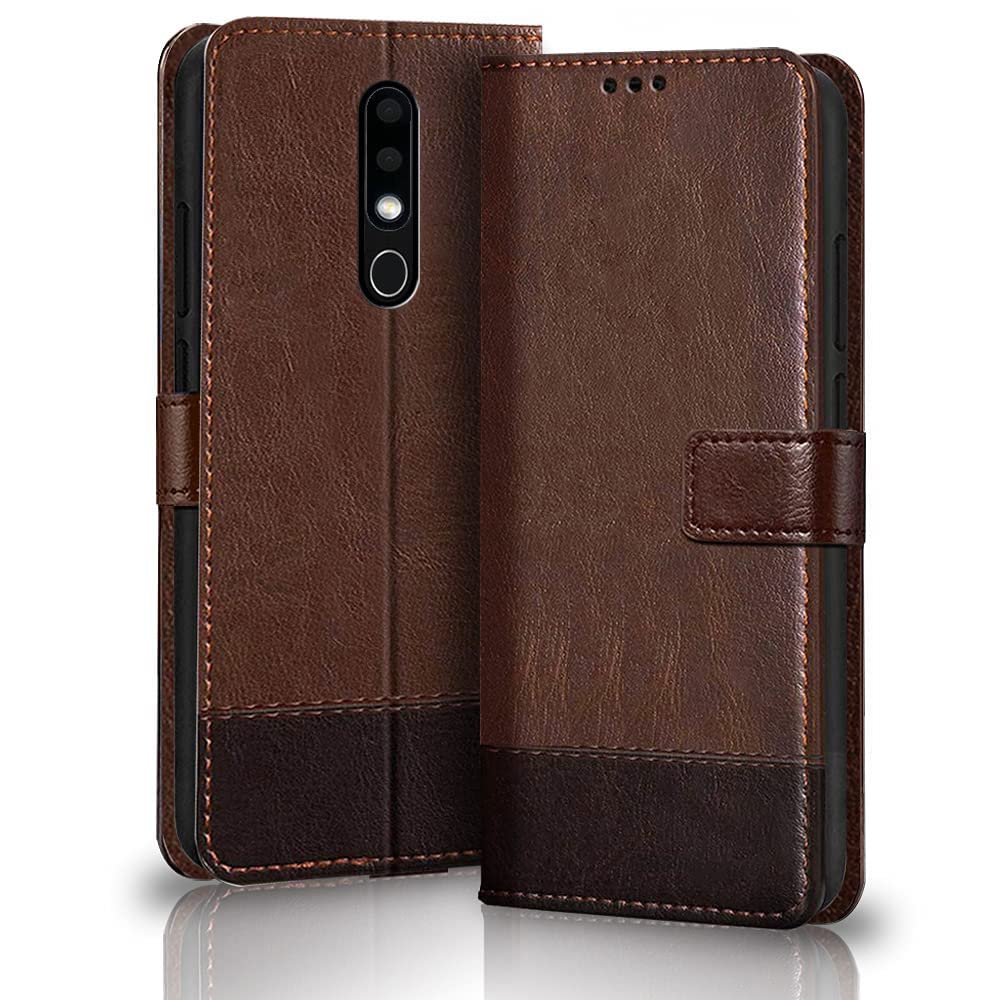 TheGiftKart Flip Back Cover Case for Nokia 6.1 Plus | Dual-Color Leather Finish | Inbuilt Stand & Pockets | Wallet Style Flip Back Case Cover for Nokia 6.1 Plus (Brown & Coffee)