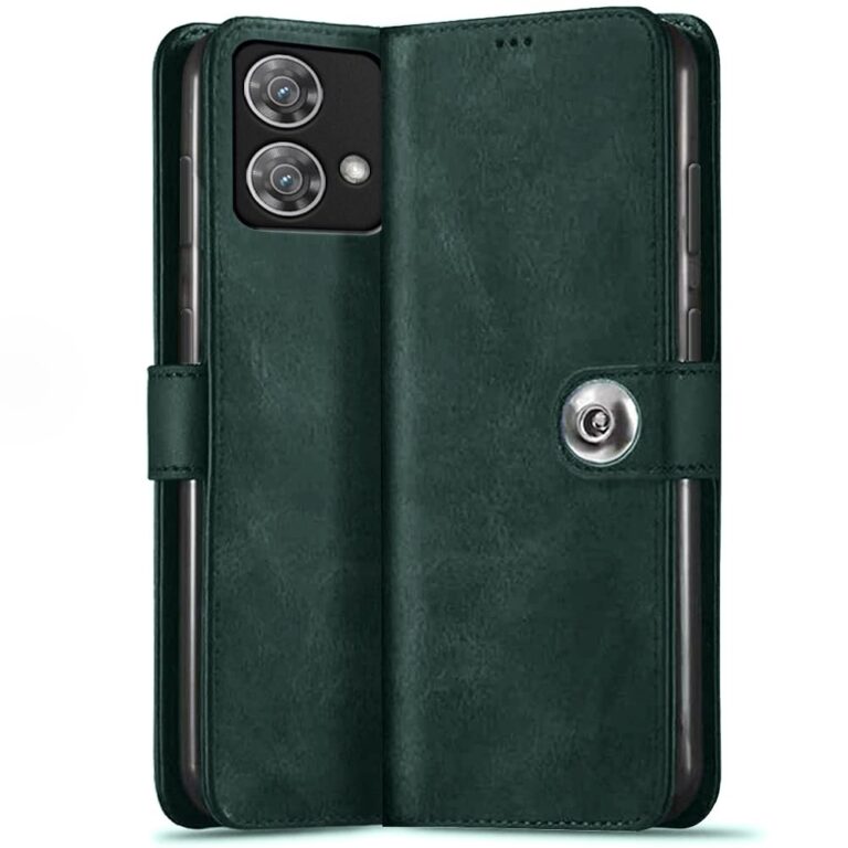 TheGiftKart Flip Cover Back Case for Motorola Moto Edge 40 Neo 5G | Genuine Leather Finish | Designer Button | Inbuilt Pockets & Stand | Flip Cover for Moto Edge 40 Neo 5G (Faux Leather, Green)