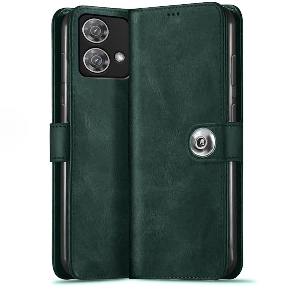 TheGiftKart Flip Cover Back Case for Motorola Moto Edge 40 Neo 5G | Genuine Leather Finish | Designer Button | Inbuilt Pockets & Stand | Flip Cover for Moto Edge 40 Neo 5G (Faux Leather, Green)