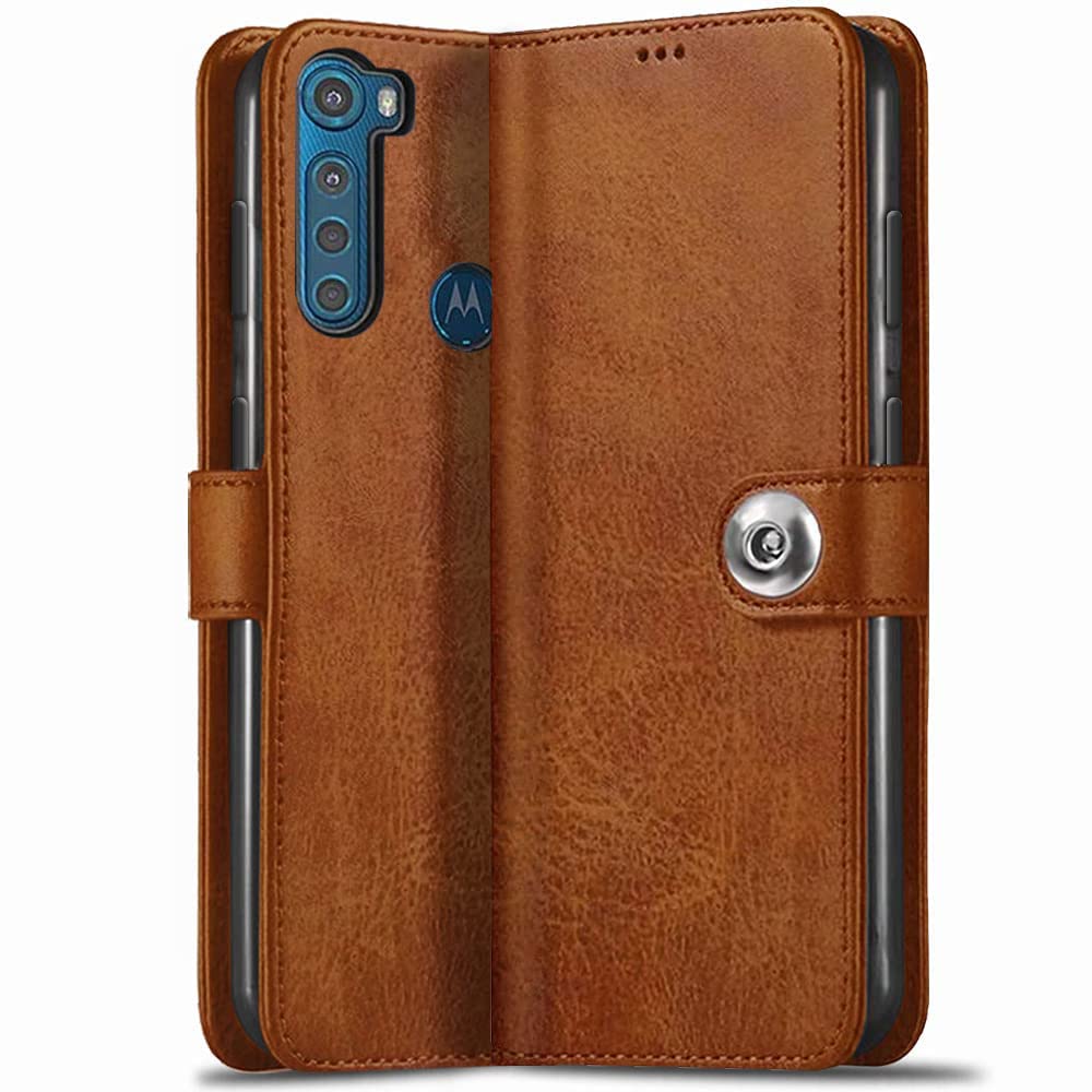 TheGiftKart Flip Cover Back Case for Motorola Moto One Fusion Plus | Genuine Leather Finish | Designer Button | Inbuilt Pockets & Stand | Flip Cover Back Case for Motorola One Fusion Plus (Brown)