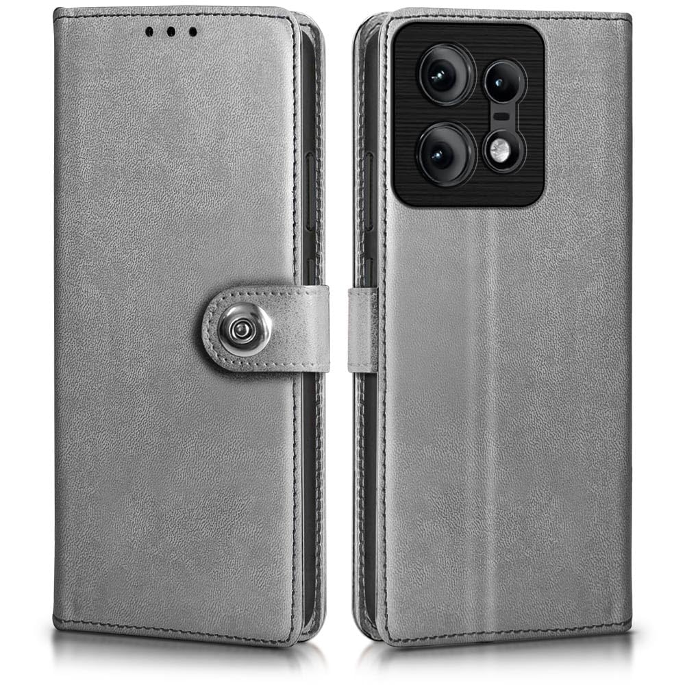 WOW IMAGINE Shock Proof Flip Cover Back Case for Motorola Moto Edge 50 Pro (Designer Magnetic Button Flip Case | Inbuilt Wallet Pockets & Stand | Leather Finish | Stone Grey)