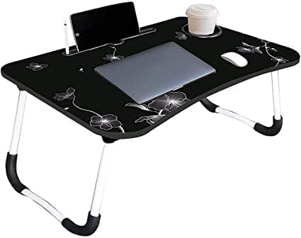ISIRONA Laptop Stand for Desk, Computer Stand Laptop Table, Phone and Tablet Stand for Desk, Portable Laptop Cup Holder Compatible with Foldable Leg, Laptop,Table- (Black Flower)