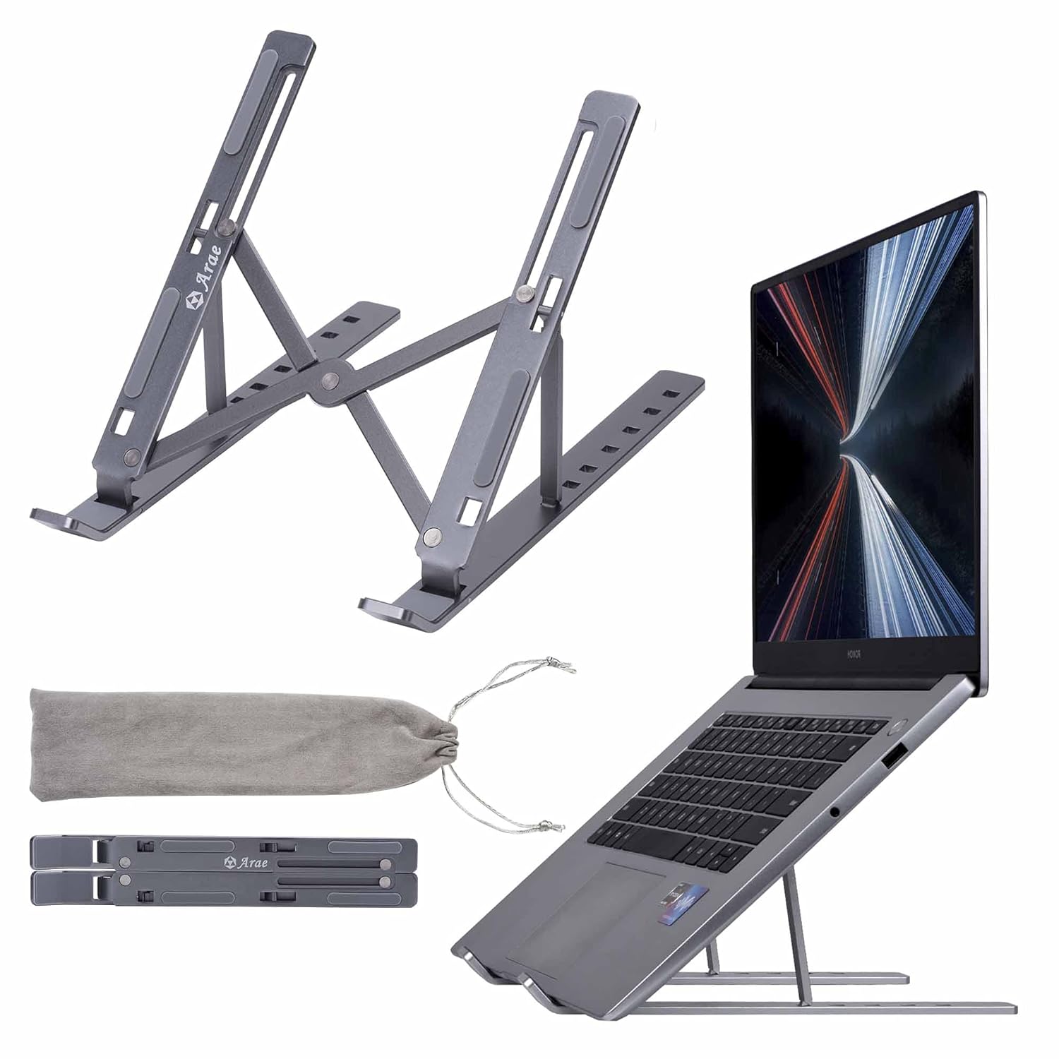 Arae Laptop Stand For Desk, Adjustable Ergonomic Portable Aluminum Laptop Holder, Foldable Computer Stand 7 Angles Anti-Slip Laptop Riser Compatible With 9-15.6 Inch Laptops, Gray Tabletop