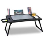 DRM Mart Bamboo Wood Drm Laptop Stand For Desk, Computer Stand Laptop Table, Phone And Tablet Stand For Desk, Portable Laptop Cup Holder Compatible With Foldable Leg, Laptop,Table (Black Cotted)