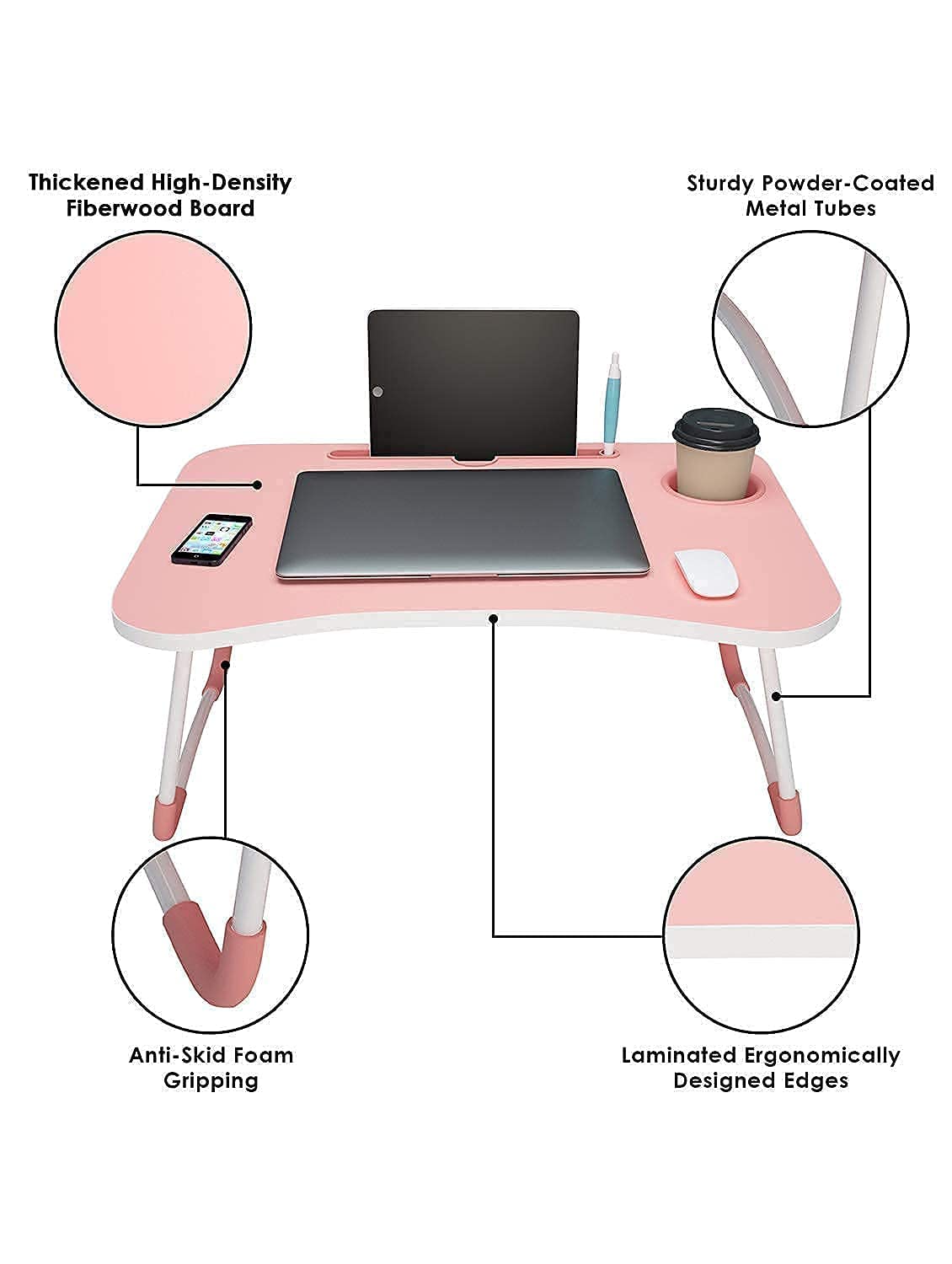 PRIVILON GLOBALL Laptop Stand for Desk, Computer Stand Laptop Table, Phone and Tablet Stand for Desk, Portable Laptop Cup Holder Compatible with Foldable Leg, Laptop,Table (Pink)