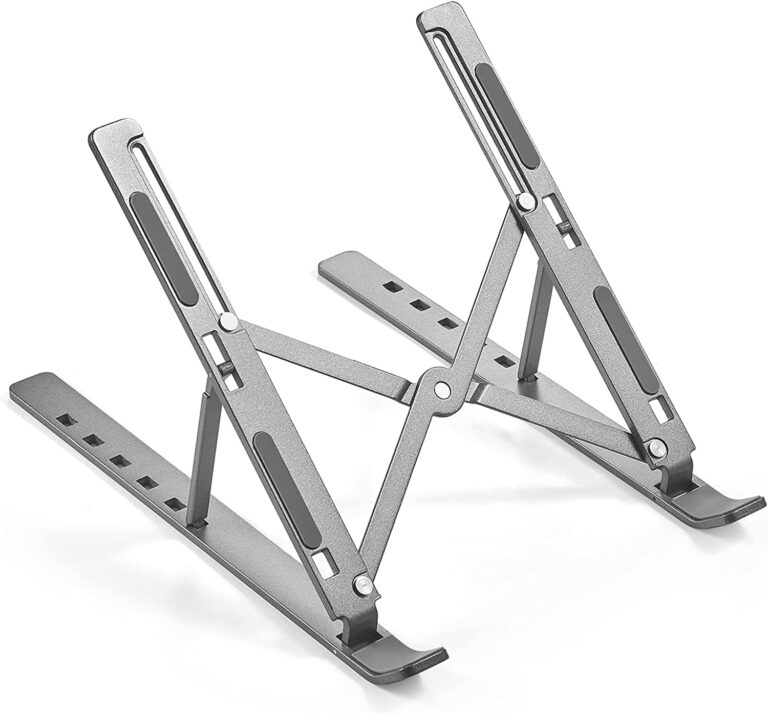 Sounce Laptop Tabletop Stand, Fold-Up, Adjustable, Ventilated, Portable Holder for Desk, Aluminum Foldable Laptop Ergonomic Compatibility with Up to 15.6-Inch Laptop, All Mac, Tab, and Mobile (Grey)