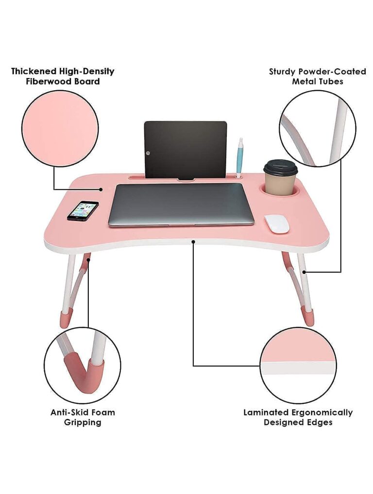 qbpatzwq Laptop Stand for Desk, Computer Stand Laptop Table, Phone and Tablet Stand for Desk, Portable Laptop Cup Holder Compatible with Foldable Leg, Laptop,Table (Pink)