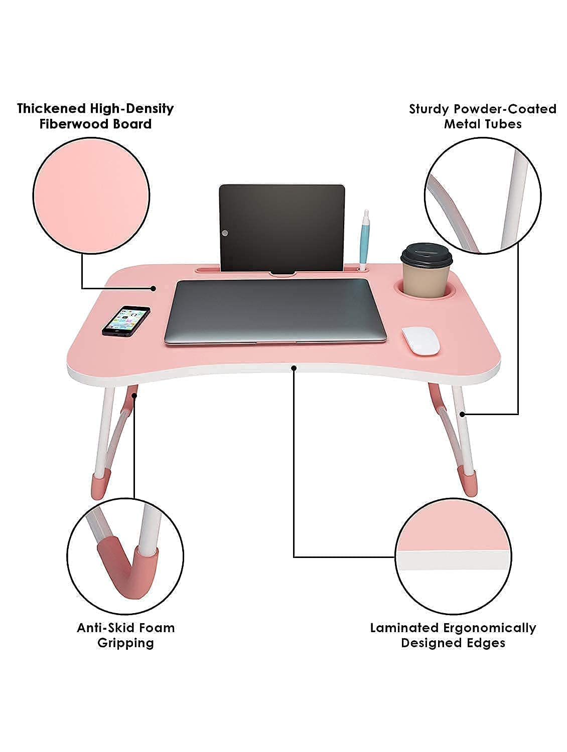 qbpatzwq Laptop Stand for Desk, Computer Stand Laptop Table, Phone and Tablet Stand for Desk, Portable Laptop Cup Holder Compatible with Foldable Leg, Laptop,Table (Pink)