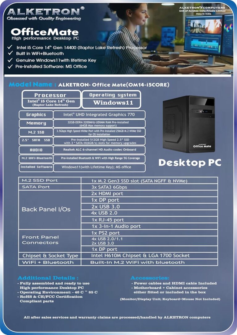 ALKETRON Office Mate Desktop PC - i5 core 14th GEN(Raptor Lake Refresh) Processor - Fully Assembled PC - 3Year Warranty