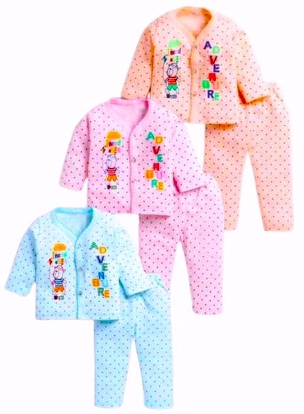 Shyamcollections Baby's Boy's Girl's 100% Cotton Vests, Jhabla Multicolor T-Shirt With Pyjama Pant Dress For Kids | Set Of 3 | Full Sleeves Infant Toddler Size - 0 Months Up To 4 Year (2-3 Years)