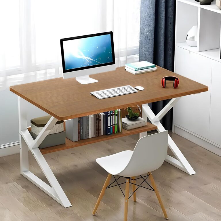 Lukzer Modern Engineered Wood Computer Desk with Built-in Bookshelf, Space-Saving Design, Oak Brown Top & White Frame, Study Table,100x50x78cm (MST-001)