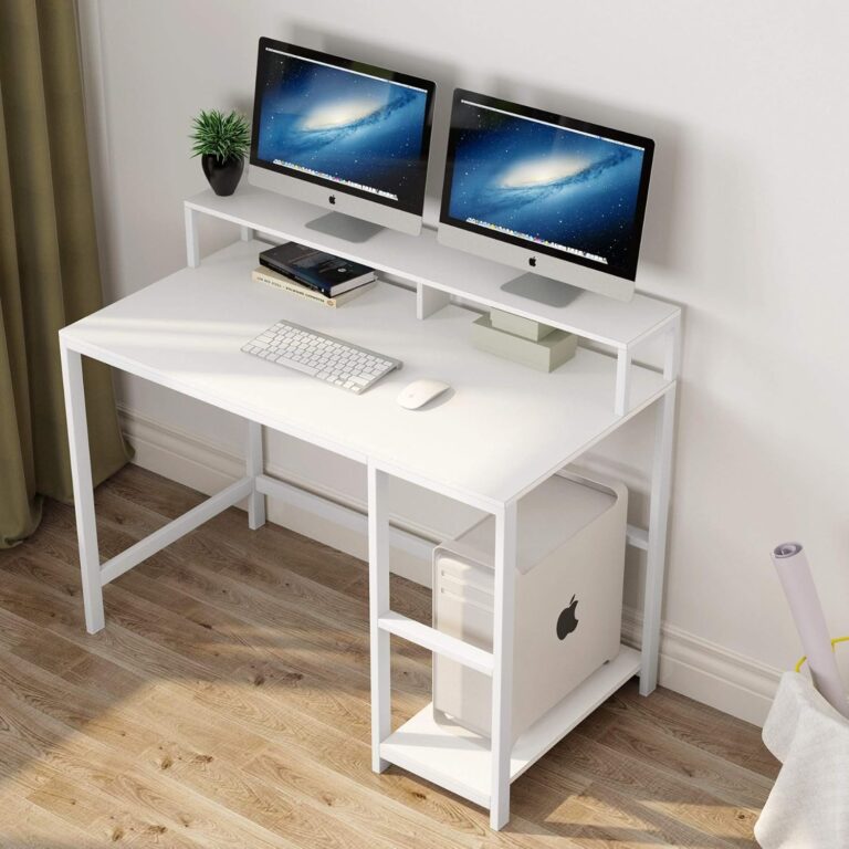 Tribesigns Computer Desk Writing Desk Study Desk Computer Workstations Pc Desk Table With Metal Frame, 2 Shelves For Home Office, Living Room, Bedroom Easy To Assemble (White)