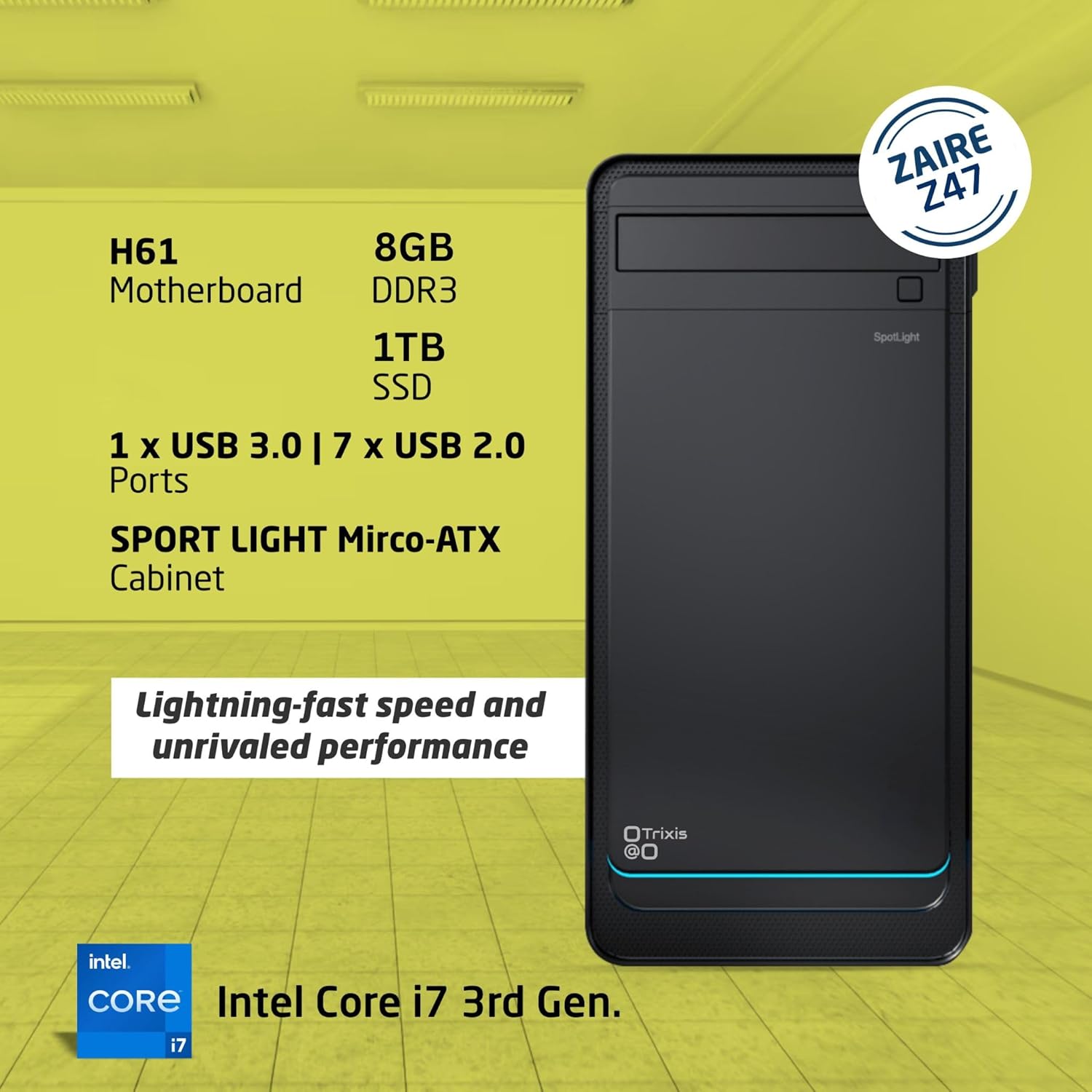 Trixis Zaire-Z49 i7 3rd Generation Computer Desktop PC CPU H61,8GB-DDR3 RAM,Super Fast 1 TB SSD and Basic Software Installed - Black