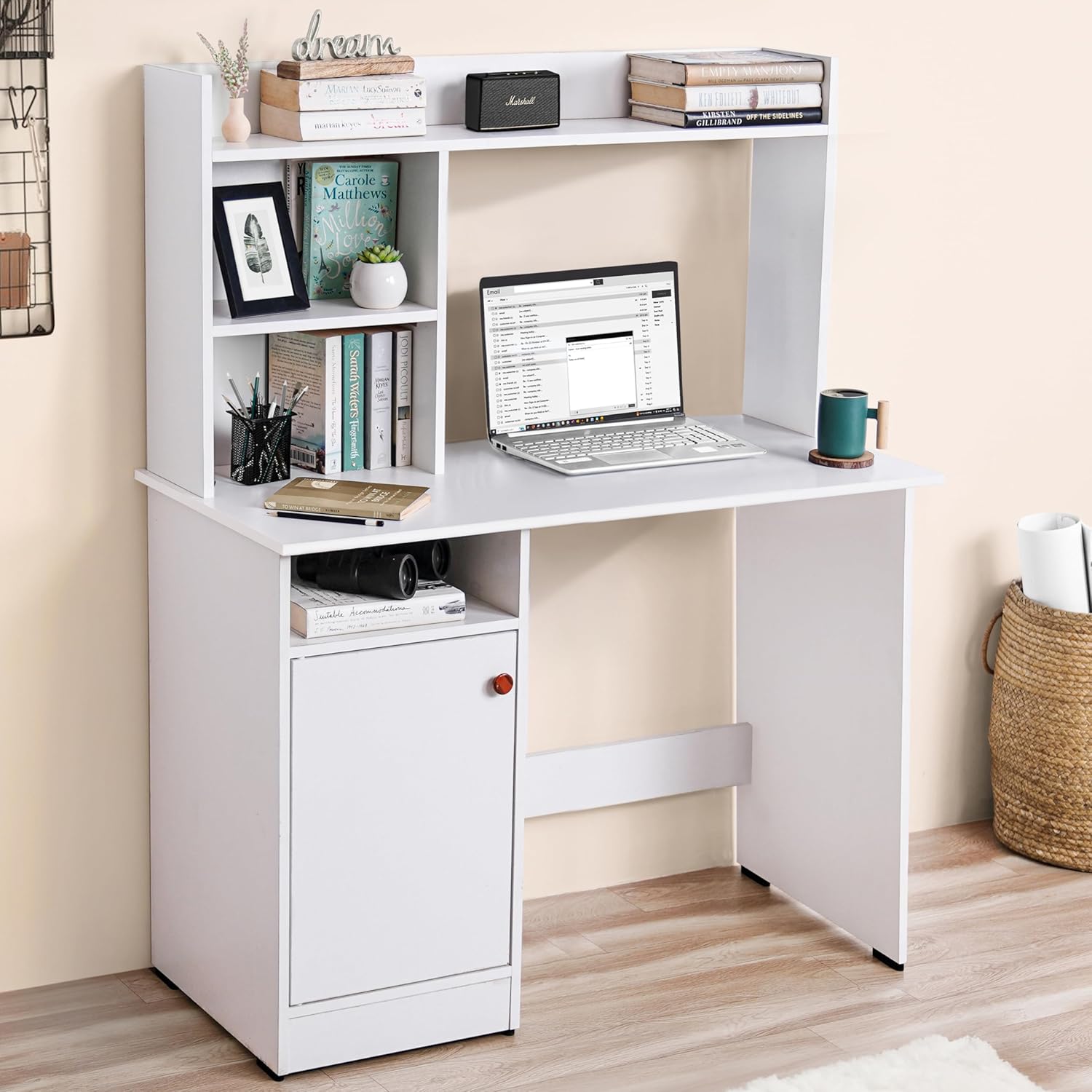 ABOUT SPACE Wooden Study Table with Hutch & Bottom Storage - Office Desk - Office Table for Laptop, PC-Engineering Wood Working, Drawing Computer table Table for Home (White - L 100 x B 50 x H 134 cm)