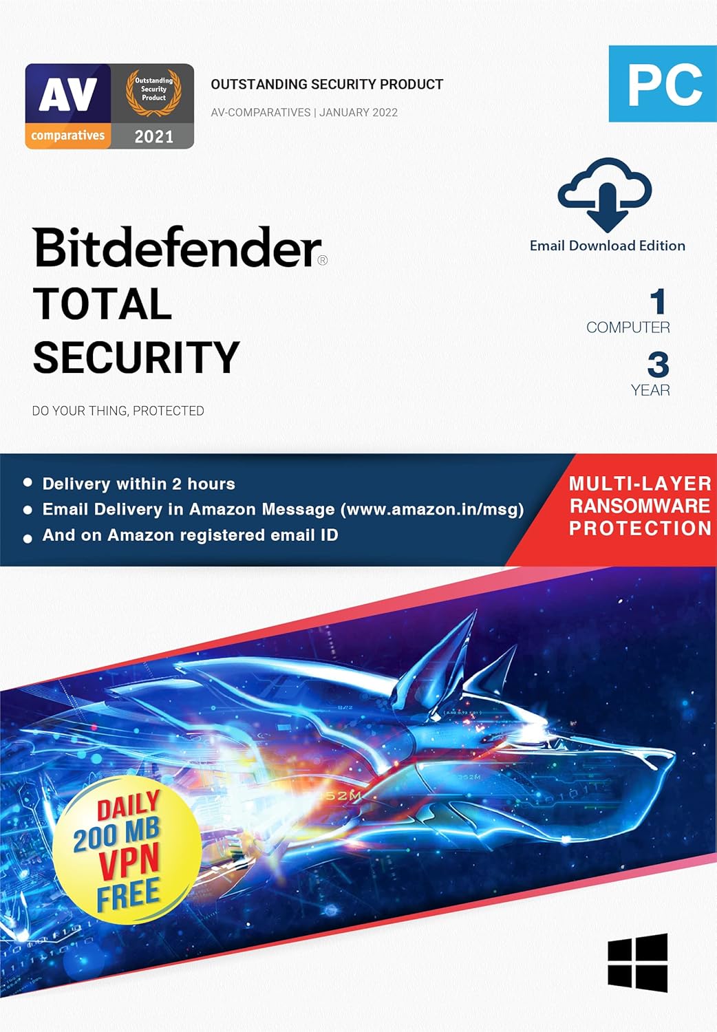 Bitdefender - 1 Computer,3 Years - Total Security | Windows | Latest Version | Email Delivery In 2 Hours- No Cd |