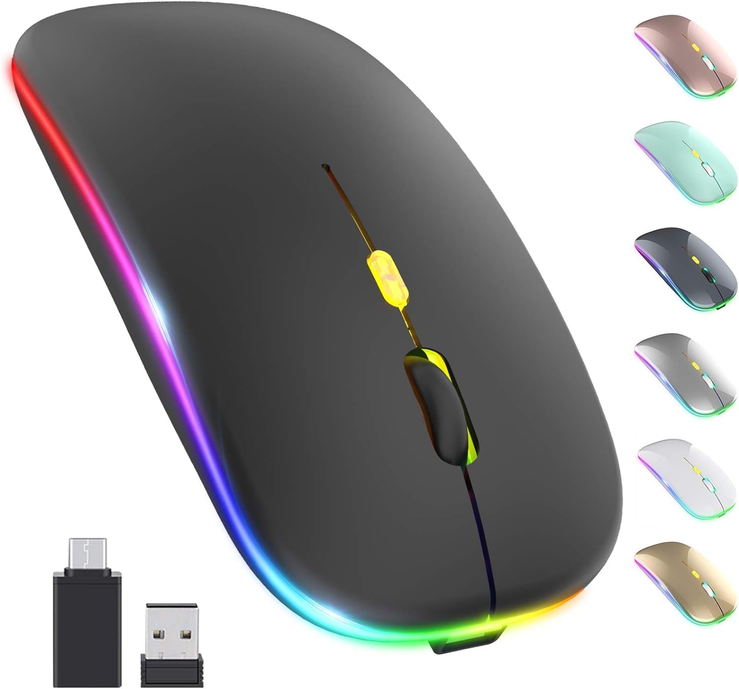 CLUSPEX LED Wireless Mouse, Slim Silent Mouse 2.4G Portable Mobile Optical Office Mouse with USB & Type-c Receiver, 3 Adjustable DPI Levels for Notebook, PC, Laptop, Computer (Black)