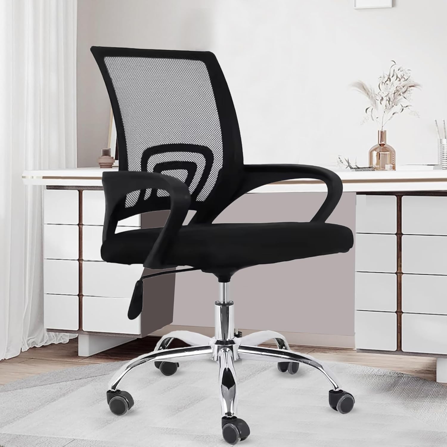Casa Copenhagen Mesh Mid Back Office Chair/Study Chair/Computer Chair/Revolving Chair/Desk Chair for Work from Home -Metal Base, Height Adjustable Seat - Charcoal Black & Black