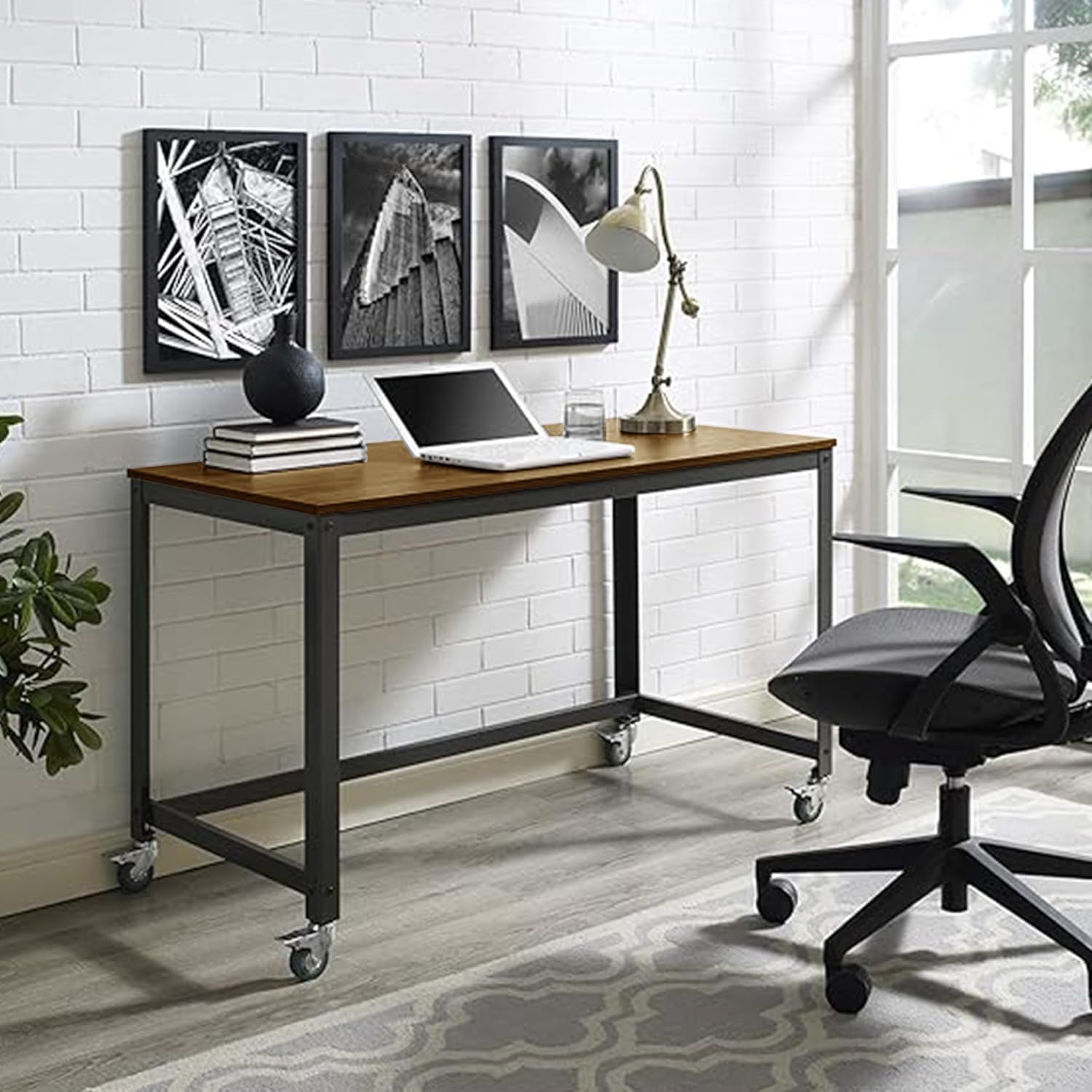 Cloudyfeel- Rolling Computer Desk with 4 Smooth Wheels, Simple Style Mobile Writing Desk Home Office Study Table Movable Workstation with Metal Frame (Brown)