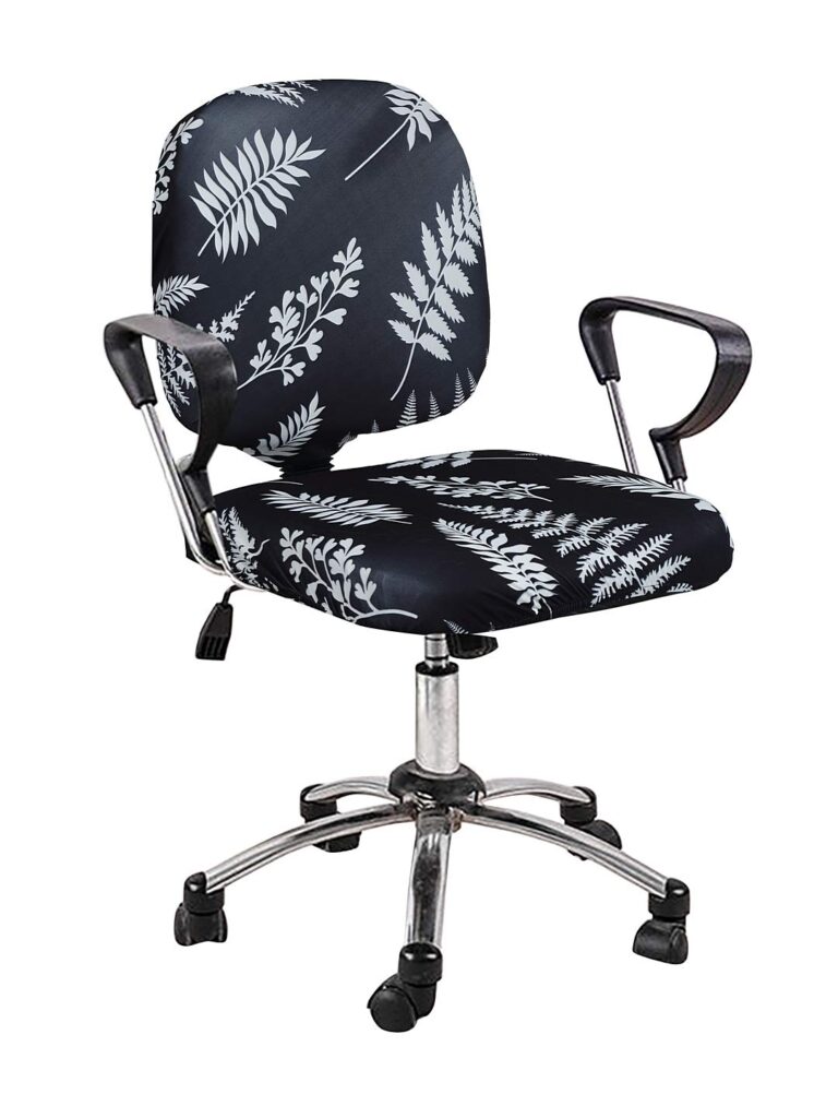 Cortina Computer Desk Seat Covers | Soft Stretchable Elastic Polyester Spandex Cover | Removable Revolving Chair Protector | Office Chair Polyester Covers | Leaf Print – Black 3 | Chair Cover Set Of 1