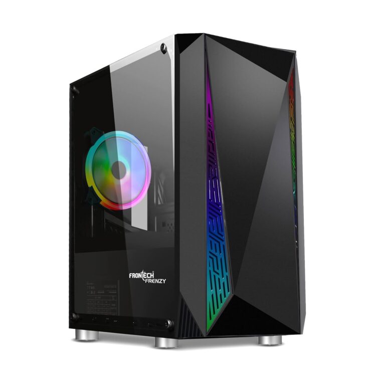 FRONTECH Frenzy Gaming Cabinet/Computer Case with HD Audio | ATX/MATX Compatible, Tampered Glass Side Panel, Bottom SMPS Dock | 120 mm RGB Fan with Dust Filter, 1xUSB 3.0, 2xUSB 1.1 (FT 4287, Black)