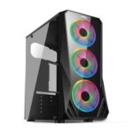 FRONTECH IRIS Gaming Cabinet/Computer Case with HD Audio | ATX/Mini ATX Compatible with Glass Side Panel | 3 x 120mm RGB Fan, 1 x USB 3.0, 2 x USB 1.0 (FT 4356, Black)