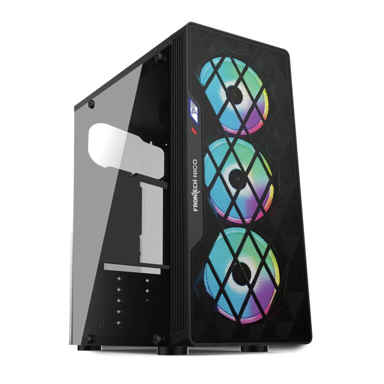 FRONTECH NICO Gaming Cabinet/Computer Case with HD Audio | ATX/Mini ATX Compatible with Glass Side Panel | Installed 3 x 120 mm RGB Fan, 1 x USB 3.0, 2 x USB 1.0 (FT 4357, Black)