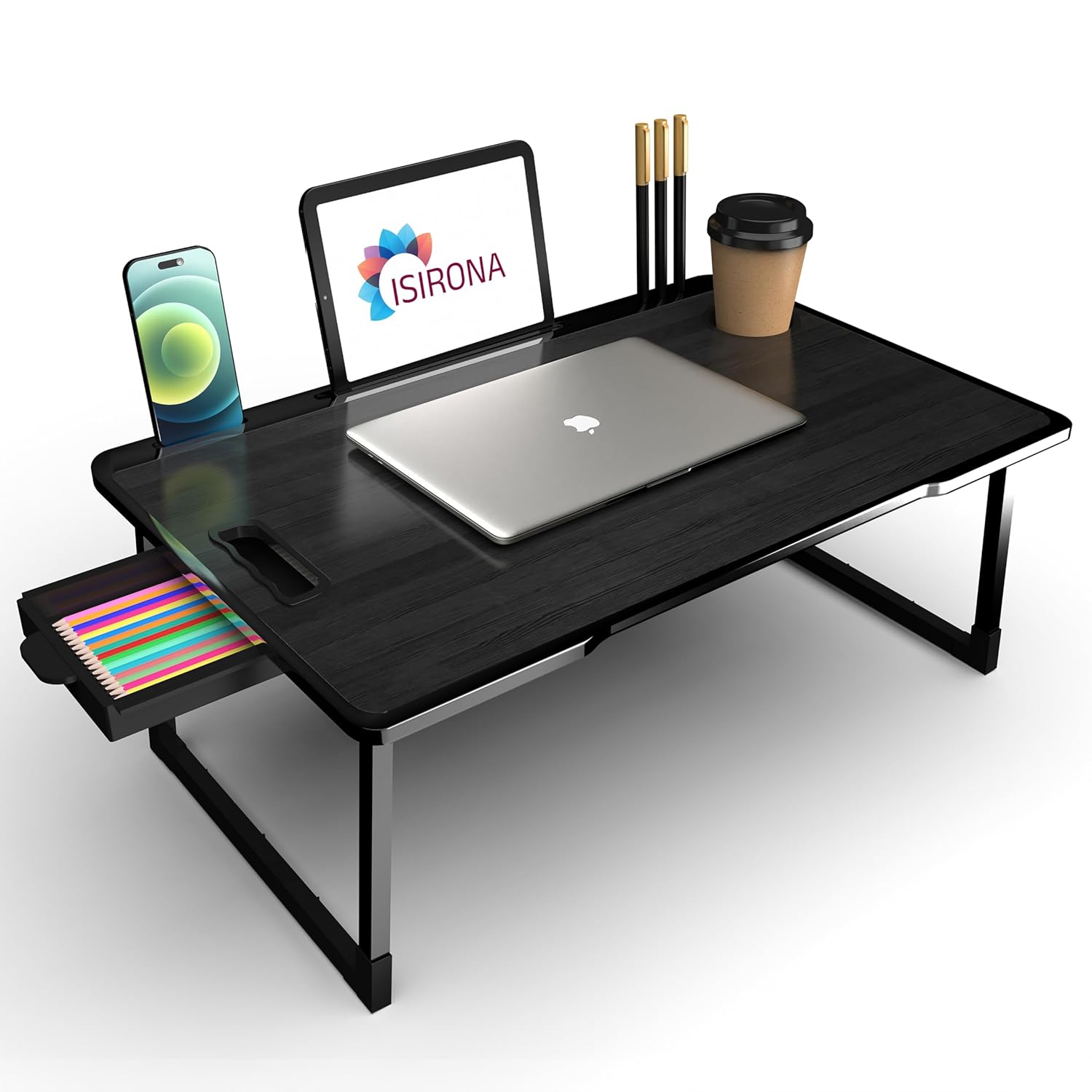 ISIRONA Laptop Stand for Desk, Computer Stand Laptop Table, Phone and Tablet Stand for Desk, Portable Laptop Cup Holder Compatible with Foldable Leg, Laptop,Table (Black-COTED)