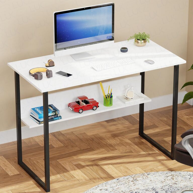 Lukzer Engineered Wood Study Desk with Shelf | Compact Computer/Laptop Table for Home Office | Space-Saving WFH Desk with Metal Frame (STM-005/White)