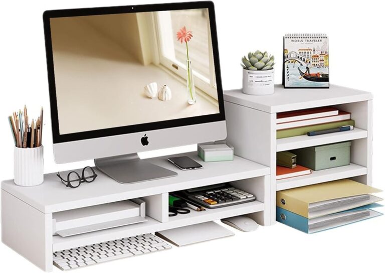 MUGATH Double layer Computer Monitor Stand Riser With 3-layer independent storage rack,Desktop Organizer, Wooden Computer Monitor Stand for TV Screen, Laptop, Printer, for Home & Office