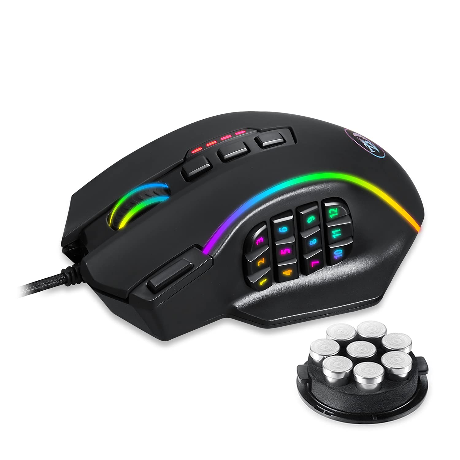 Redragon M901 Gaming USB Mouse RGB Backlit MMO 19 Macro Programmable Buttons with Weight Tuning Set, 12400 DPI for Windows PC Computer (Wired, Black)
